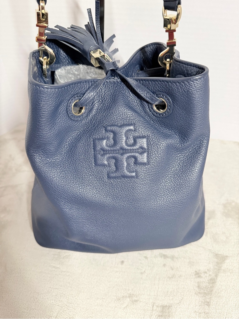 Tory Burch Navy Pebbled Leather Drawstring Shoulder Bag